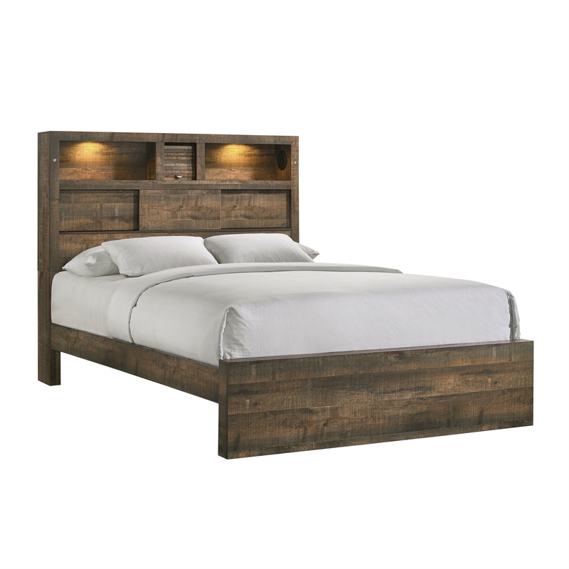 Bowery Hill Mid-Century Queen Bookcase Panel Bed with Bluetooth