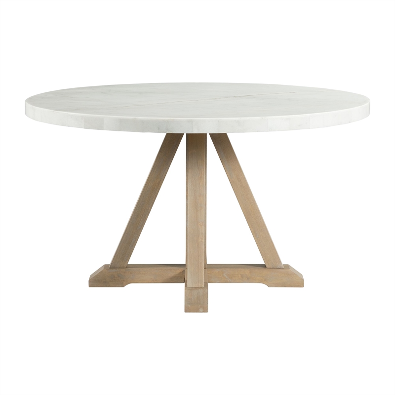 Bowery Hill Round Dining Table in White Marble Top/Natural Wood Base