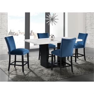 Bowery Hill White Marble 5PC Counter Height Dining Set with Blue Chairs