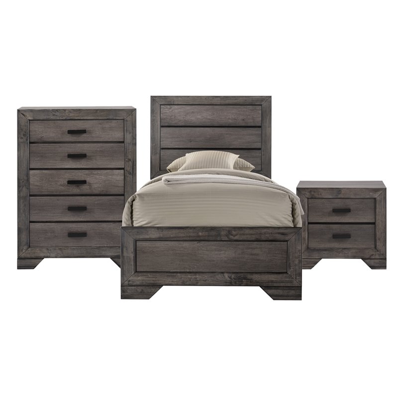 Bowery Hill Solid Wood 3 Piece Youth Twin Panel Bedroom Set in Wire Brush Gray