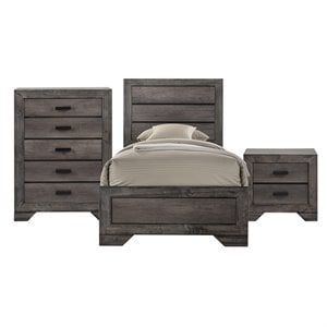 Bowery Hill Solid Wood 3 Piece Youth Twin Panel Bedroom Set in Wire Brush Gray