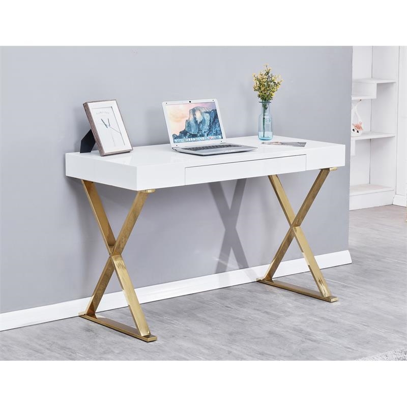 Bowery Hill Modern Wood/Stainless Steel Computer Desk in Gold/White