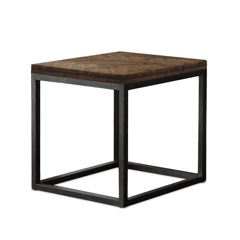 Bowery Hill Solid Wood Acacia Distressed Brown End Table Square Herringbone Pattern 24