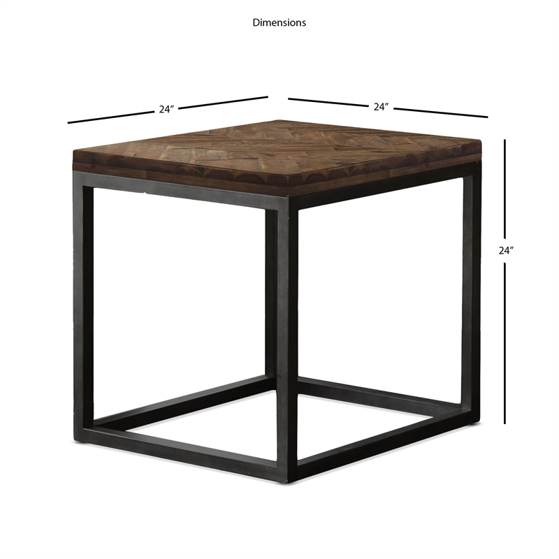 Bowery Hill Solid Wood Acacia Distressed Brown End Table Square Herringbone Pattern 24