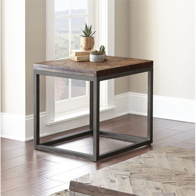 Bowery Hill Solid Wood Acacia Distressed Brown End Table Square Herringbone Pattern 24