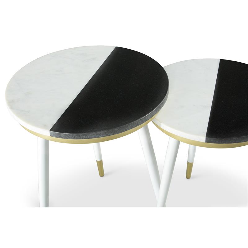 Bowery Hill Black and White Marble Top 2-Pack Round Side Table Set