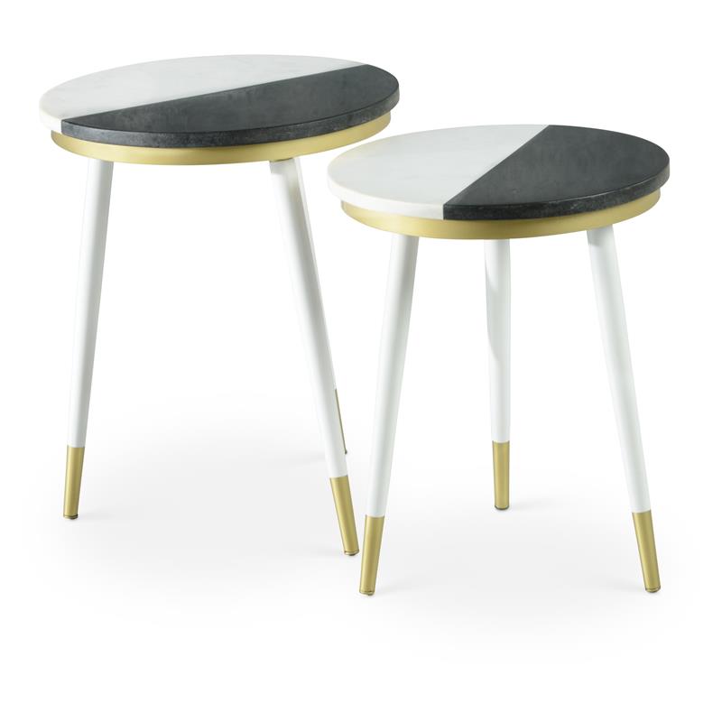 Bowery Hill Black and White Marble Top 2-Pack Round Side Table Set