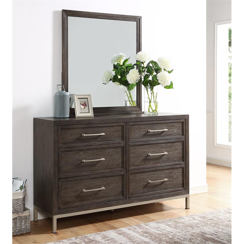 Bowery Hill Modern Walnut Engineered Wood 6-drawer Dresser and Mirror