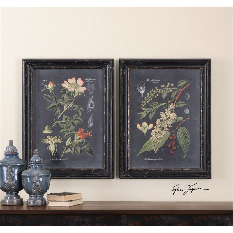 Bowery Hill MDF Distressed Black Wall Art Set Rectangular Prints Under Glass 32.63