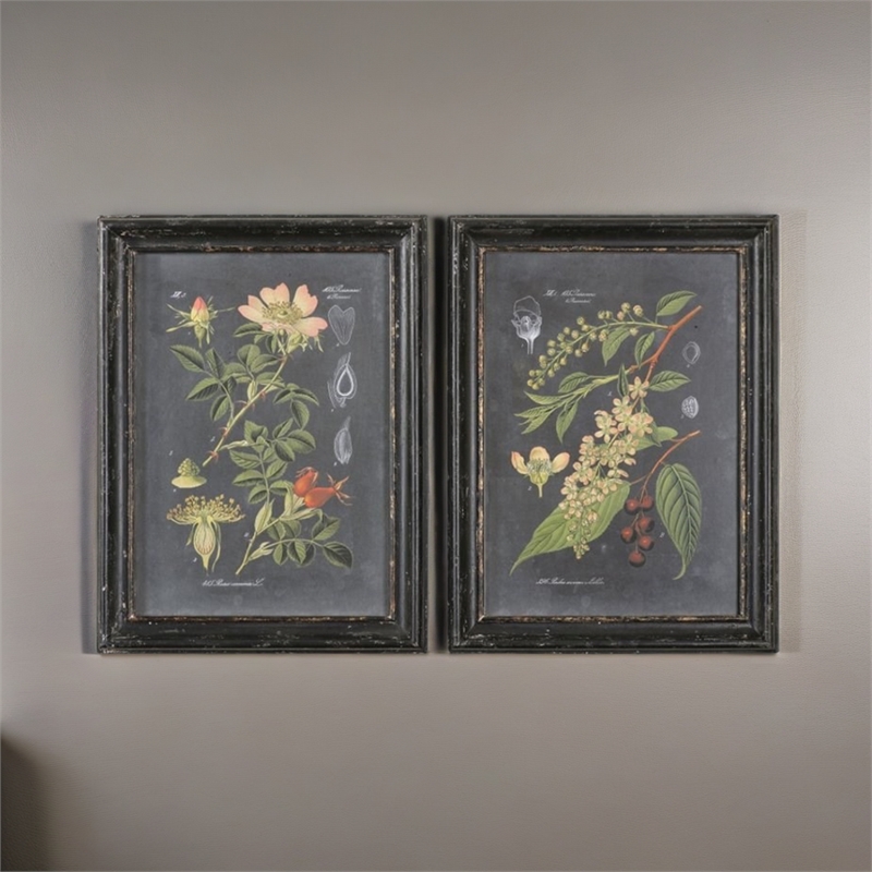 Bowery Hill MDF Distressed Black Wall Art Set Rectangular Prints Under Glass 32.63