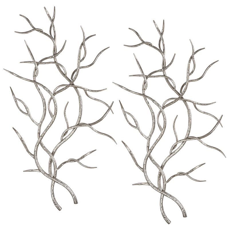 Bowery Hill Modern Branches Wall Sculpture in Silver (Set of 2)