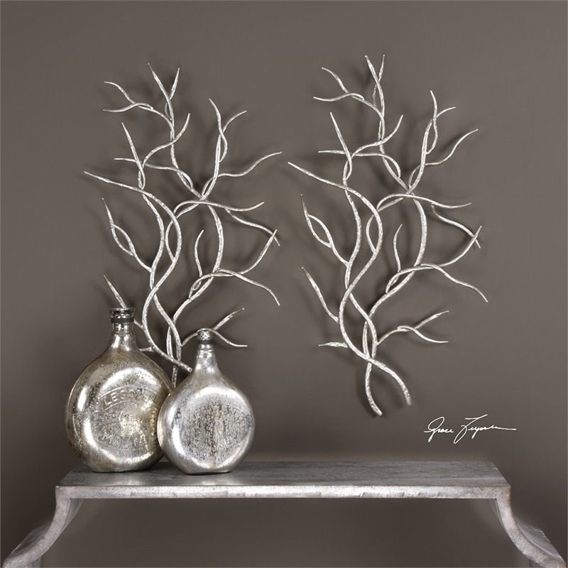 Bowery Hill Modern Branches Wall Sculpture in Silver (Set of 2)