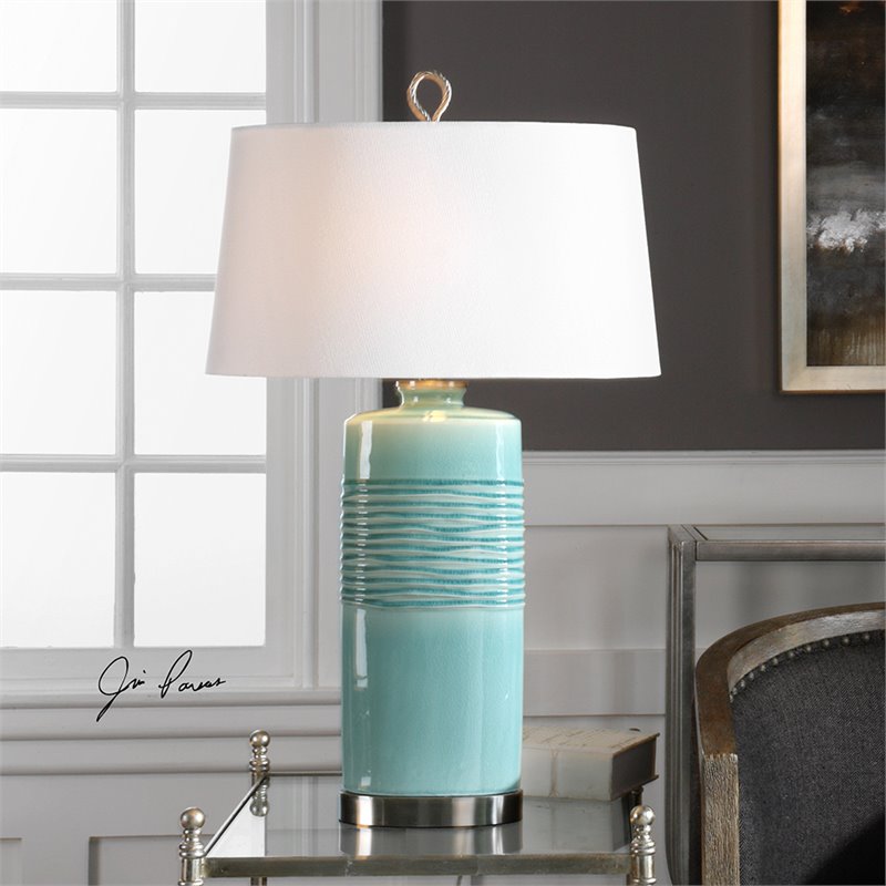 Bowery Hill Modern Table Lamp in Distressed Teal and Off White