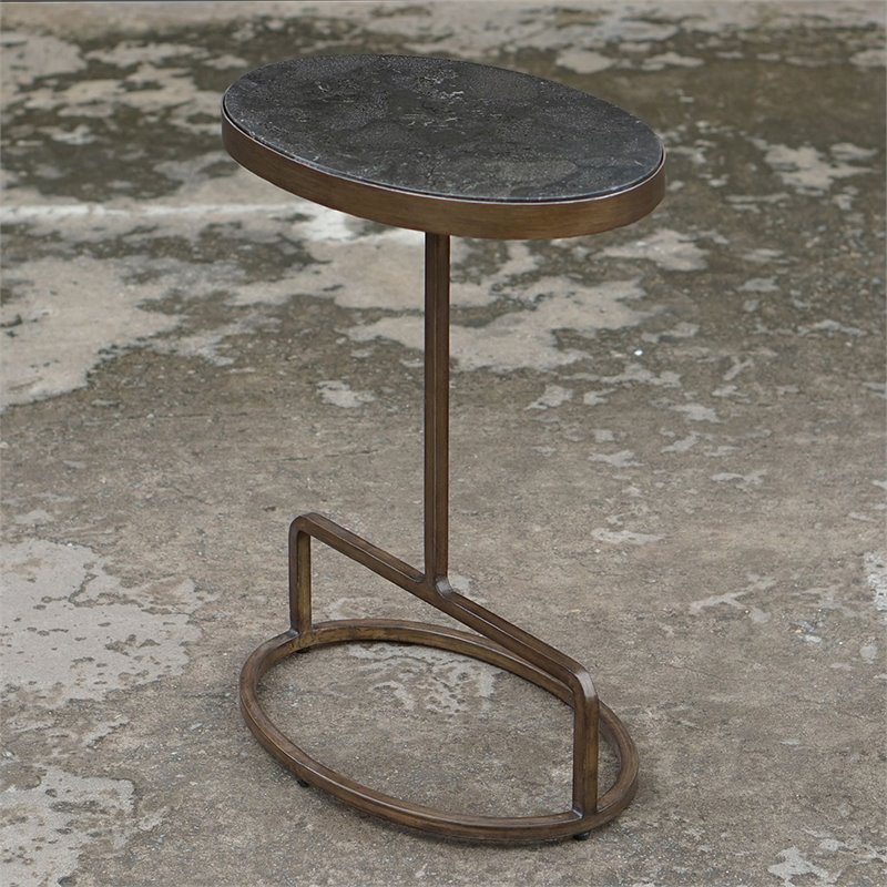Bowery Hill Modern Stone Top Accent Table in Antique Brushed Gold