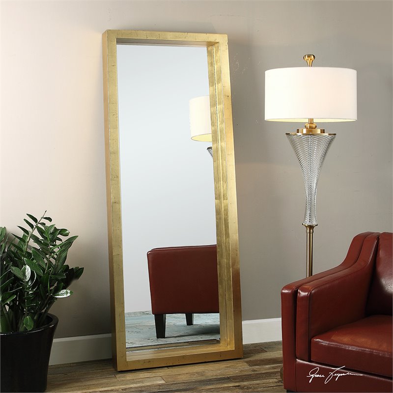 Bowery Hill Contemporary Solid Wood Gold Leaner Mirror