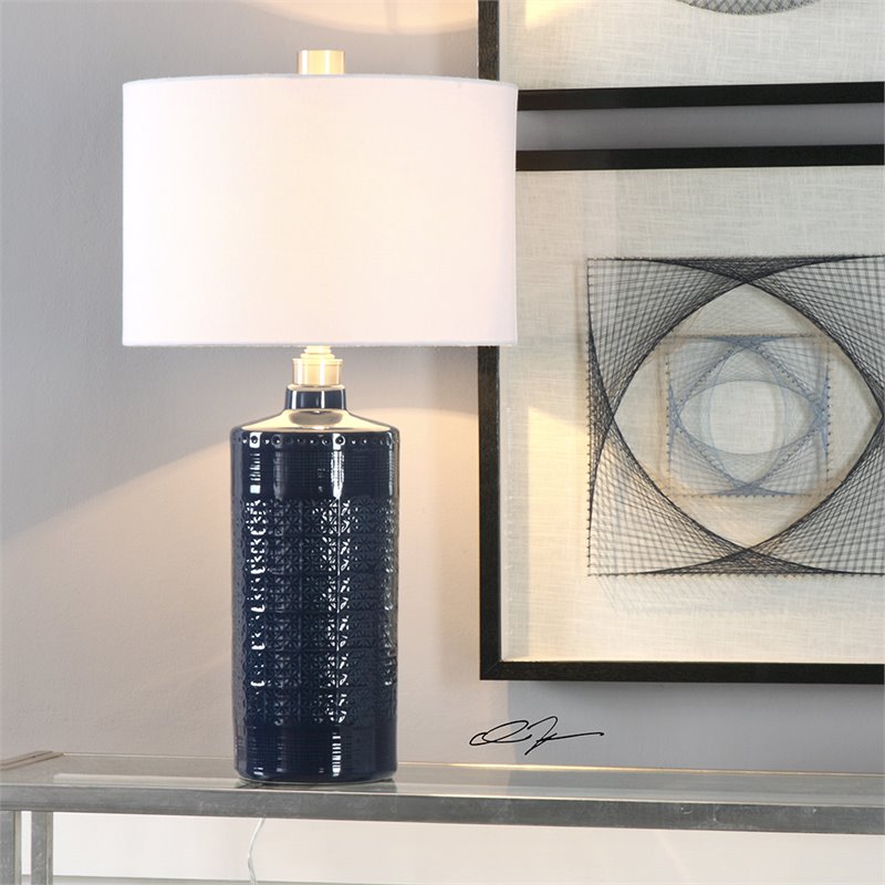 Bowery Hill Ceramic Royal Blue and White Table Lamp Round 31