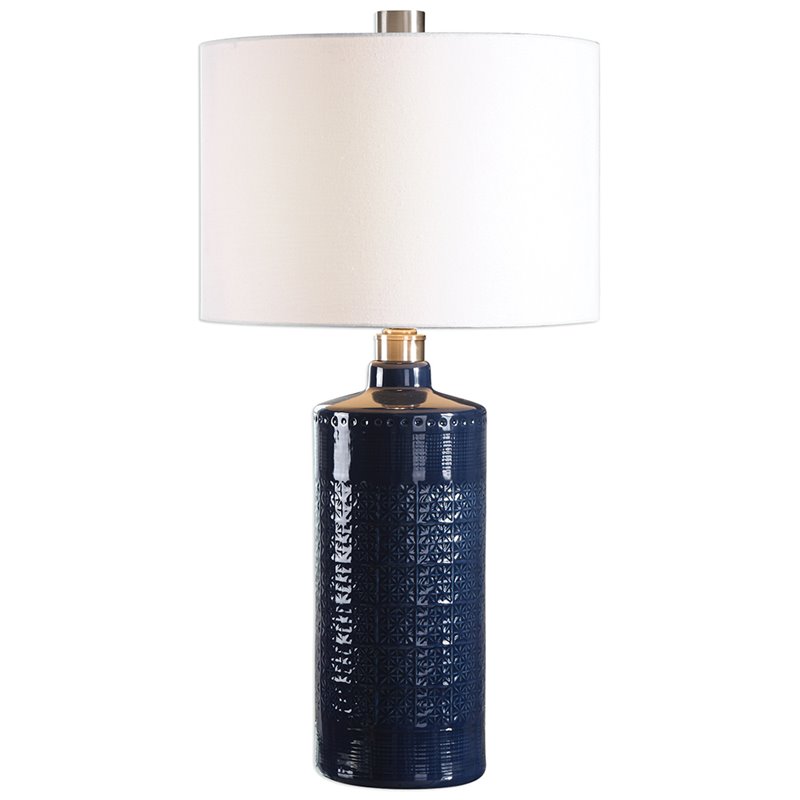 Bowery Hill Ceramic Royal Blue and White Table Lamp Round 31