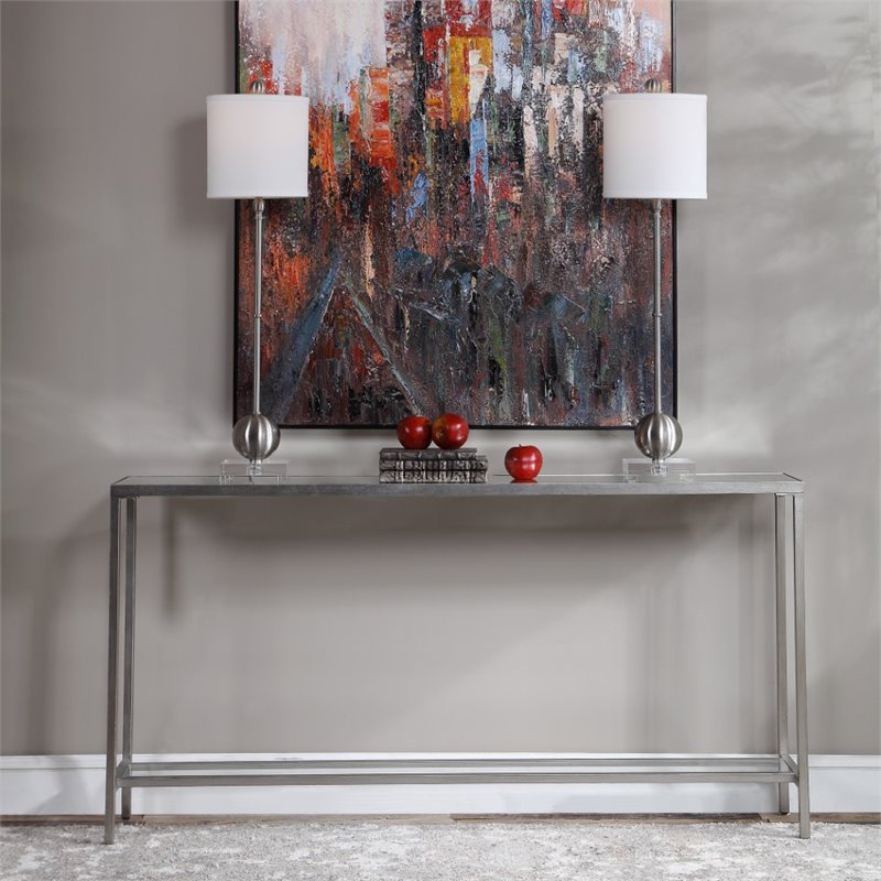 Bowery Hill Metal and Glass Antique Silver Console Table Rectangular 60