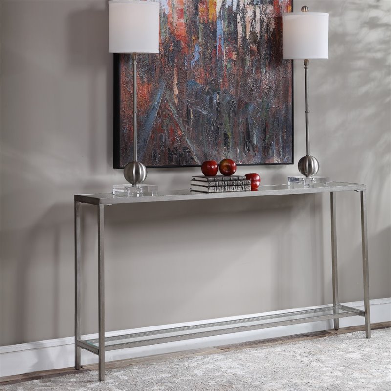 Bowery Hill Metal and Glass Antique Silver Console Table Rectangular 60