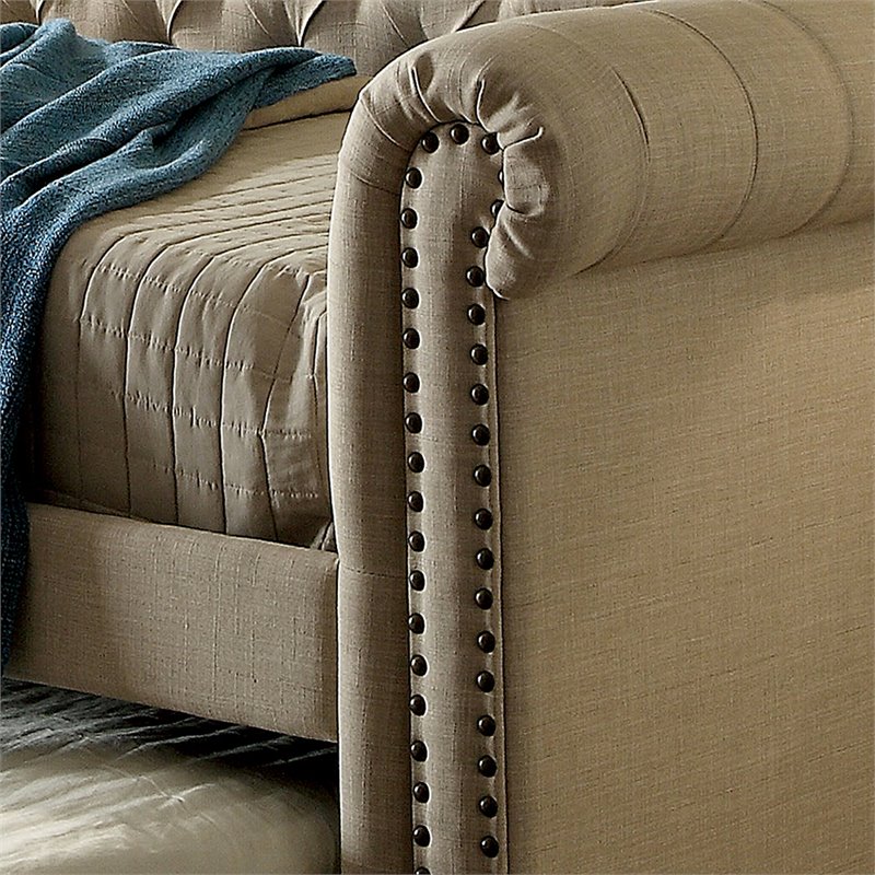 Bowery Hill Contemporary Fabric Tufted Queen Daybed with Trundle in Beige