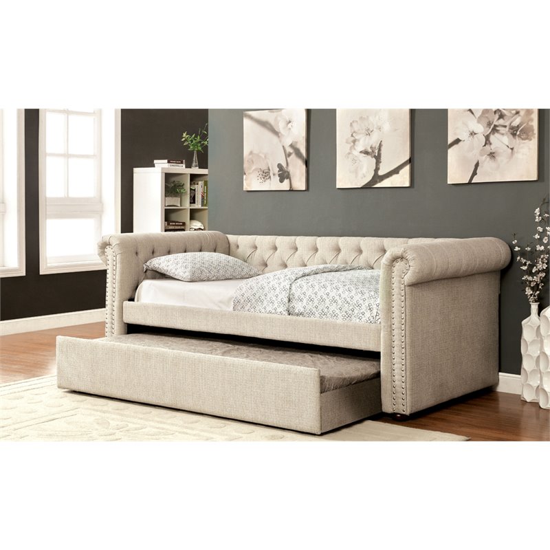 Bowery Hill Contemporary Fabric Tufted Queen Daybed with Trundle in Beige