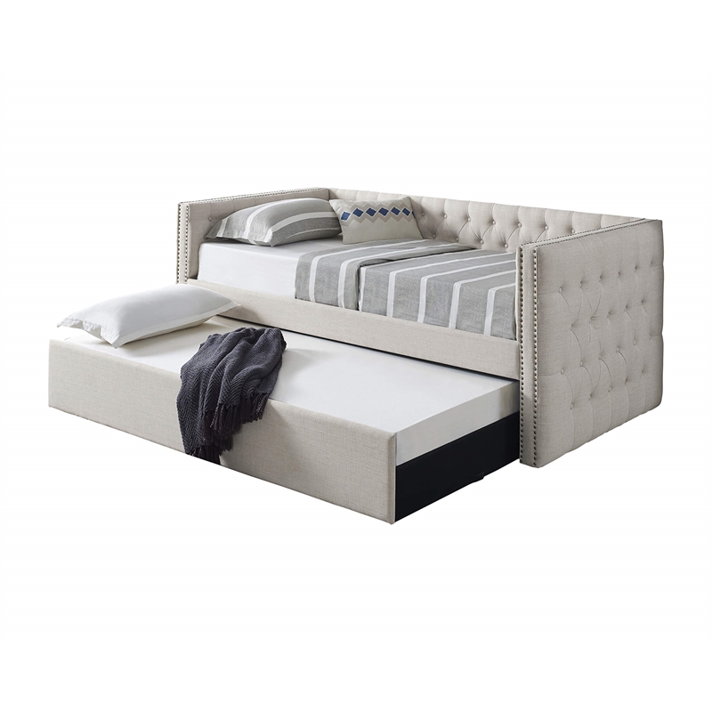 Bowery Hill Tufted Fabric with Nailhead Twin Daybed and Trundle in Trina Beige