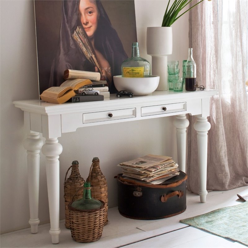 Bowery Hill Mid-Century 2 Drawer Console Table in Pure White