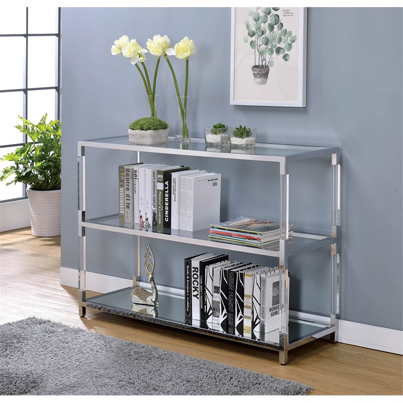 Bowery Hill Transitional Glass 1-Shelf Sofa Table in Chrome