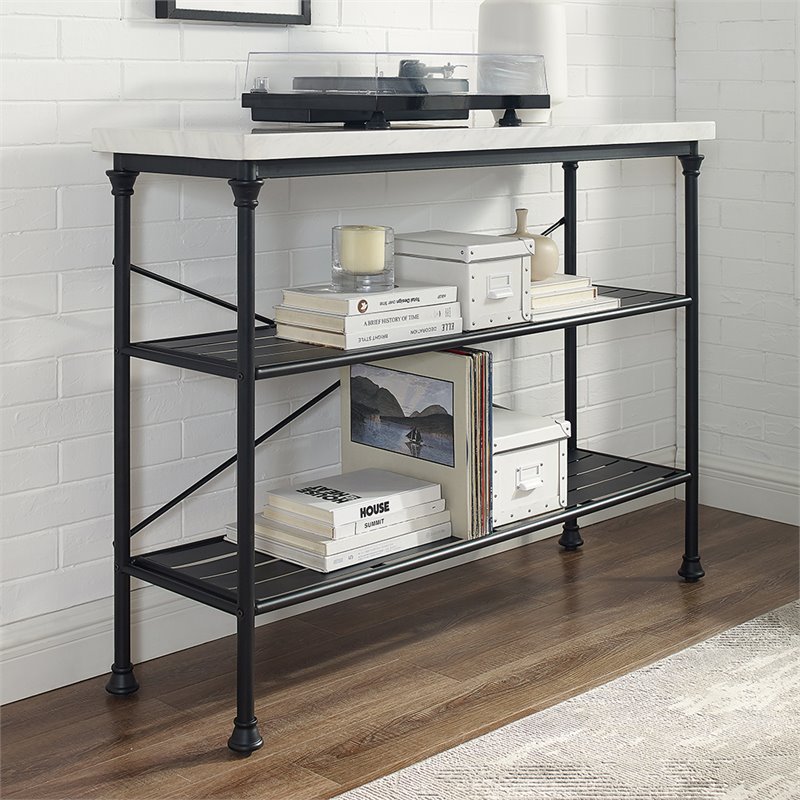 Bowery Hill Metal/Faux Marble Console Table in Matte Black/White