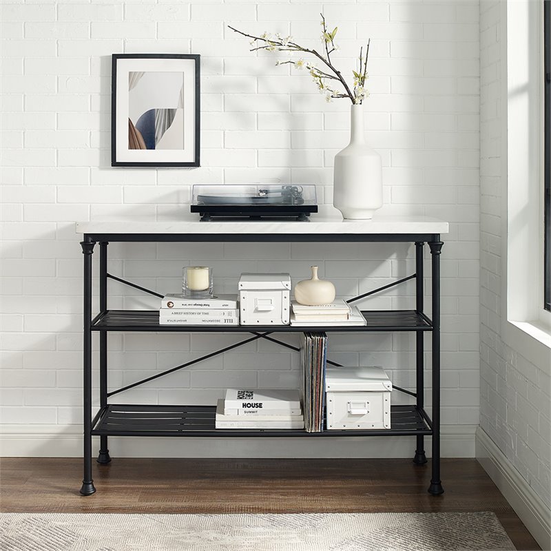 Bowery Hill Metal/Faux Marble Console Table in Matte Black/White