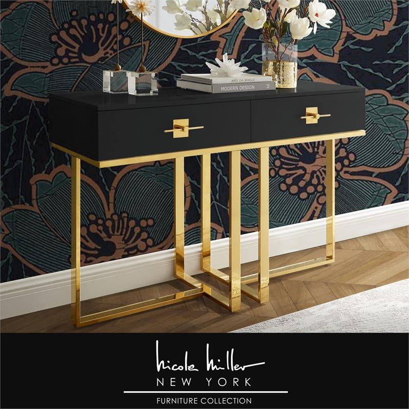 Bowery Hill Transitional 2-Drawers Stainless Steel Base Console Table Black/Gold