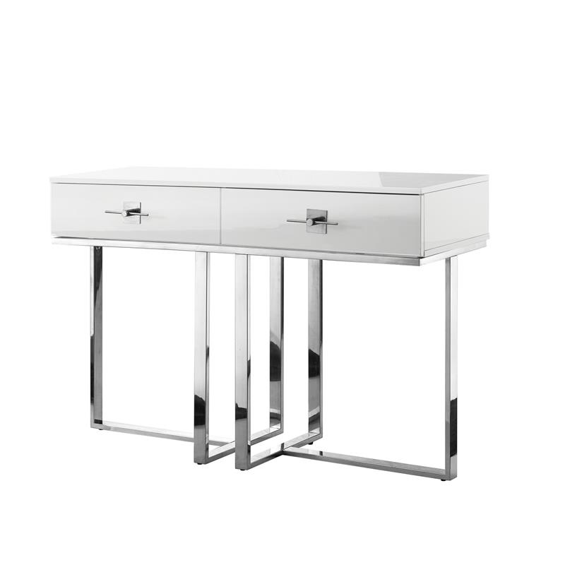 Bowery Hill Modern 2-Drawers Stainless Steel Base Console Table White/Chrome