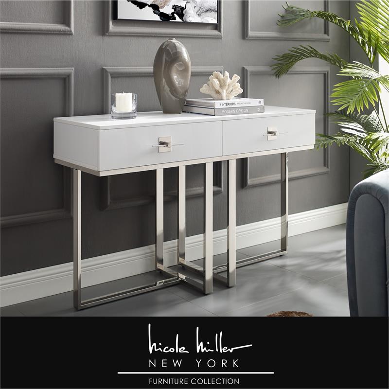 Bowery Hill Modern 2-Drawers Stainless Steel Base Console Table White/Chrome