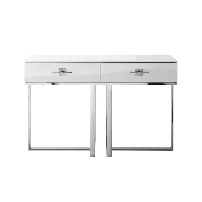Bowery Hill Modern 2-Drawers Stainless Steel Base Console Table White/Chrome