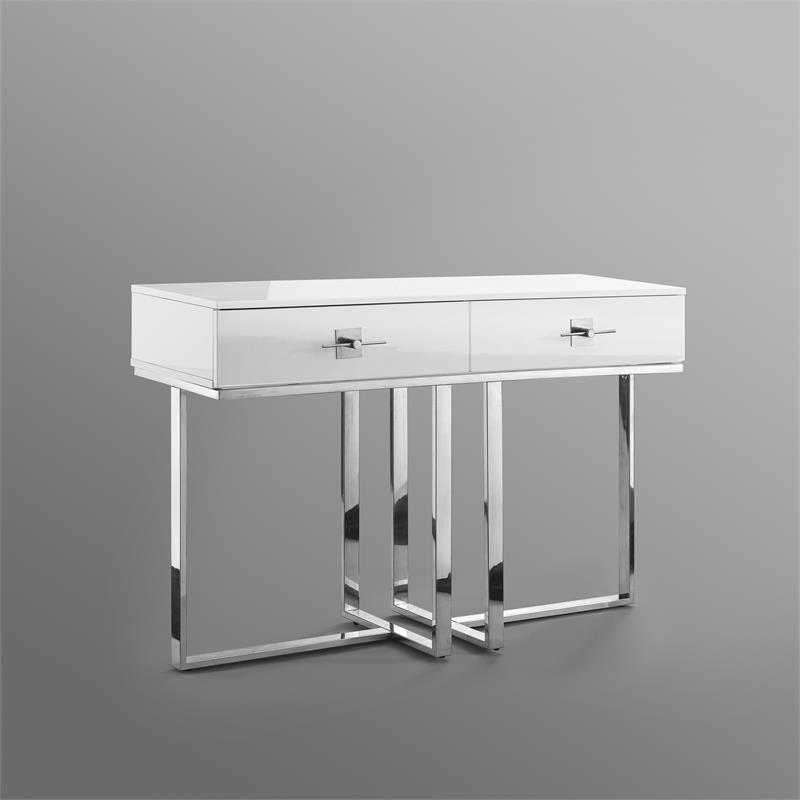 Bowery Hill Modern 2-Drawers Stainless Steel Base Console Table White/Chrome