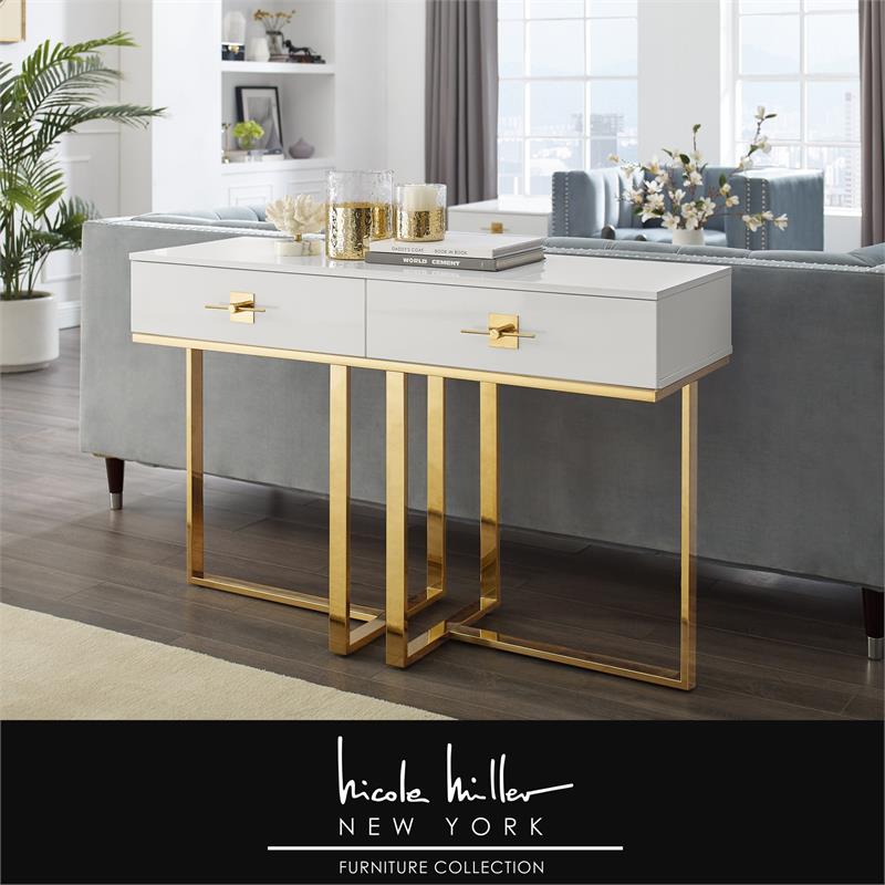 Bowery Hill Modern 2-Drawers Stainless Steel Base Console Table White/Gold