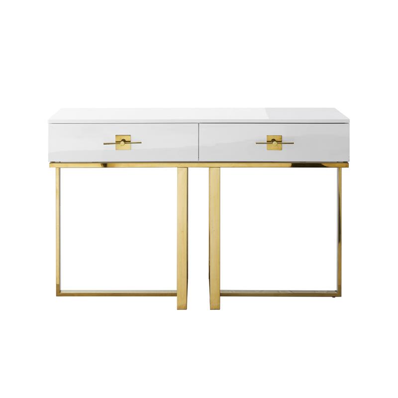 Bowery Hill Modern 2-Drawers Stainless Steel Base Console Table White/Gold