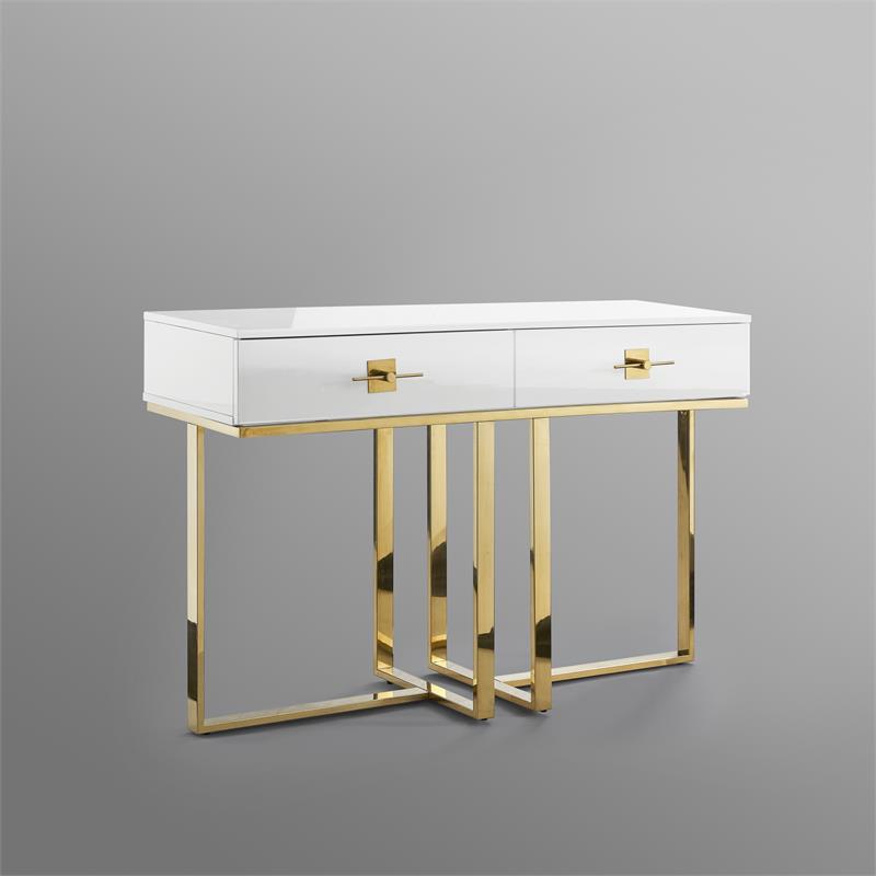 Bowery Hill Modern 2-Drawers Stainless Steel Base Console Table White/Gold