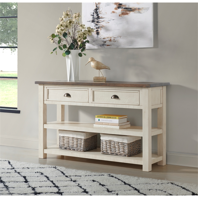 Bowery Hill Farmhouse 2 Drawer Sofa Console Table Cream White and Brown