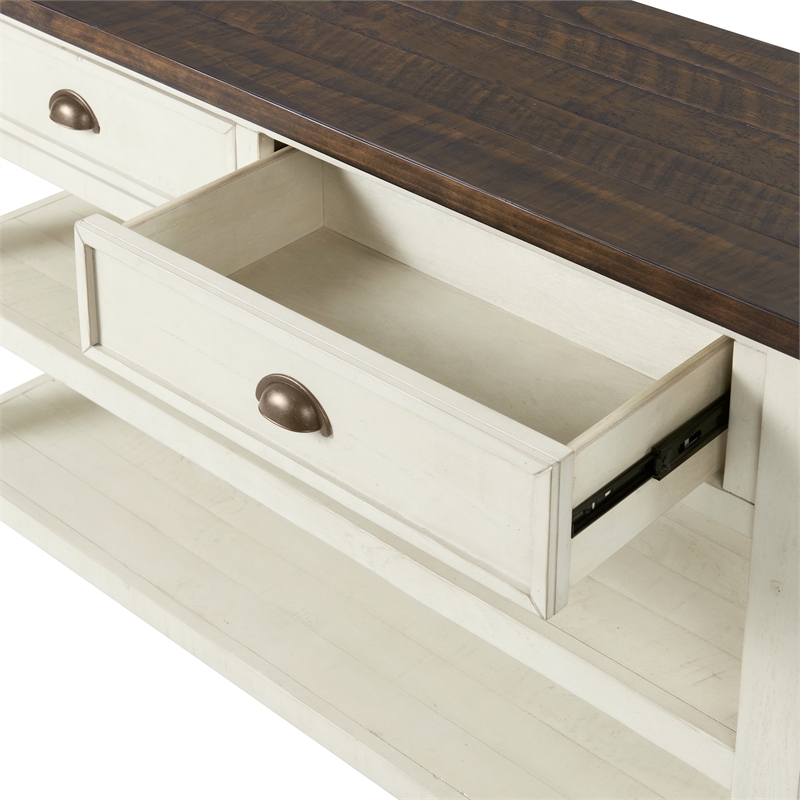 Bowery Hill Farmhouse 2 Drawer Sofa Console Table Cream White and Brown