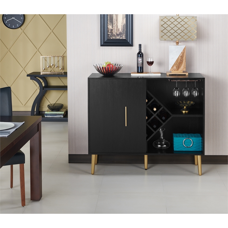 Bowery Hill Contemporary Wood Multi-Storage Buffet in Black/Gold