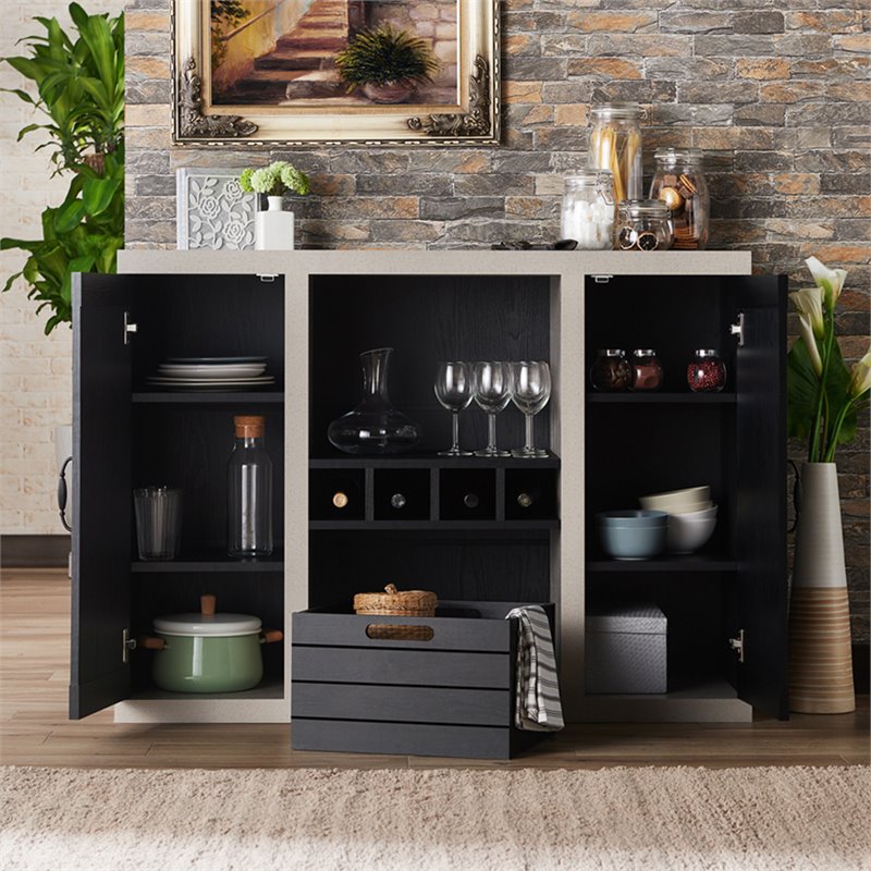 Bowery Hill Industrial Wood Wine Rack Buffet in Black and Cement