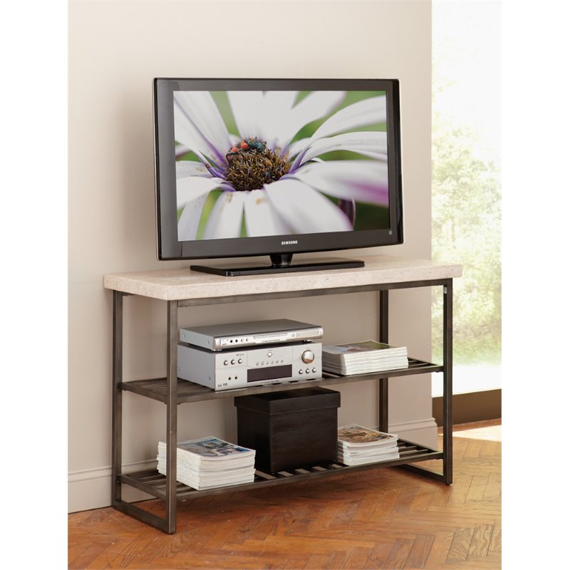 Bowery Hill Contemporary Console Table in Alabaster Travertine