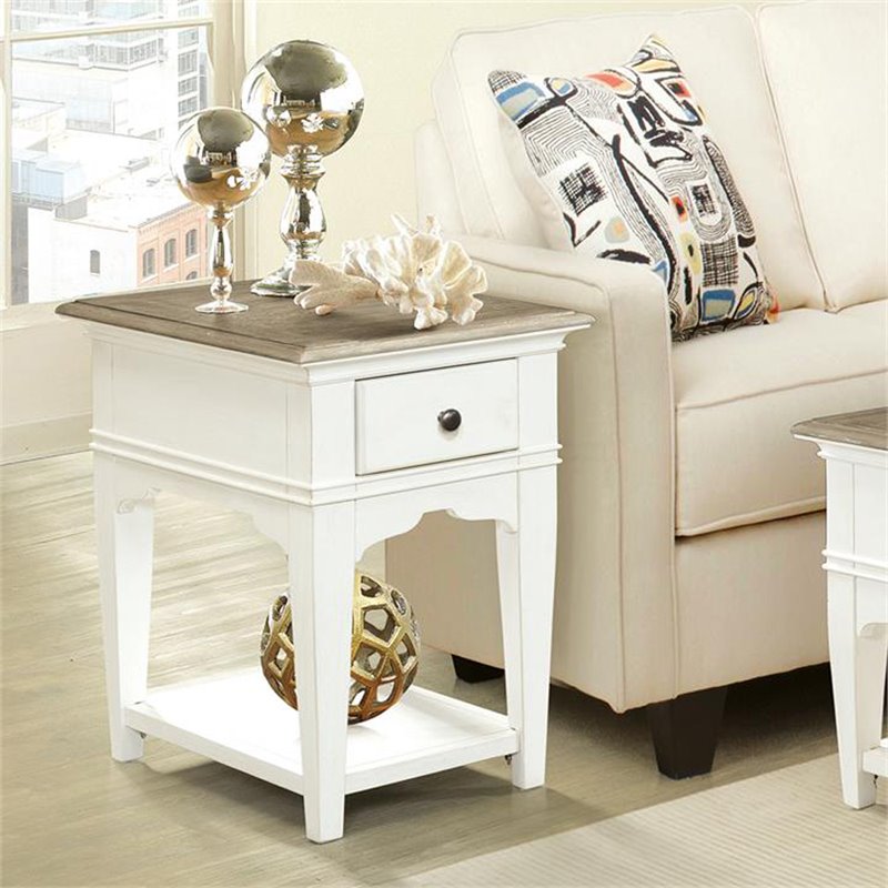 Bowery Hill 1 Drawer Coastal Wood End Table with Bottom Shelf in White