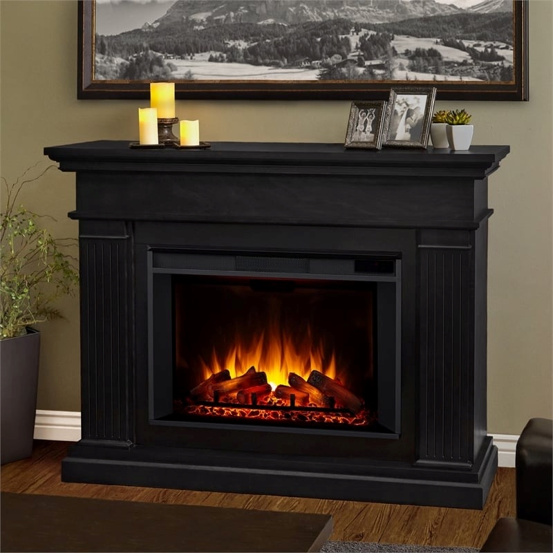 Bowery Hill Wood Black Electric Fireplace Rectangular Supplemental Heat 43.25