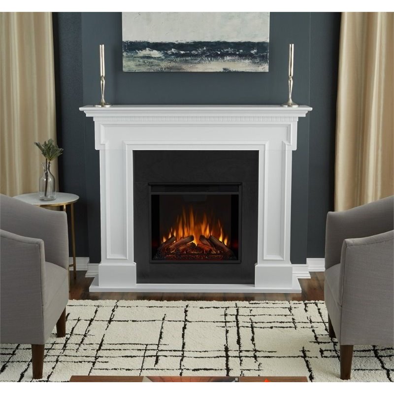Bowery Hill Solid Wood White Electric Fireplace Rectangular 54.38