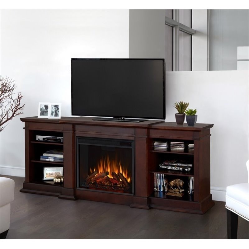Bowery Hill Solid Wood Walnut TV Stand Rectangular Electric Fireplace 71.73