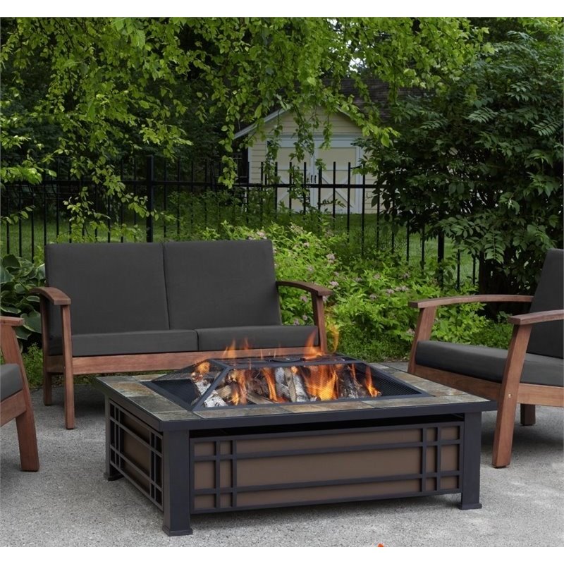 Bowery Hill Powder Coated Steel Natural Slate Tile Fire Pit Rectangular Heat Resistant 43.75