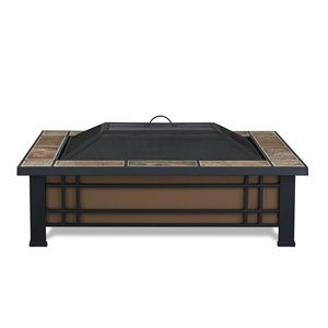 Bowery Hill Powder Coated Steel Natural Slate Tile Fire Pit Rectangular Heat Resistant 43.75&quot Unassembled