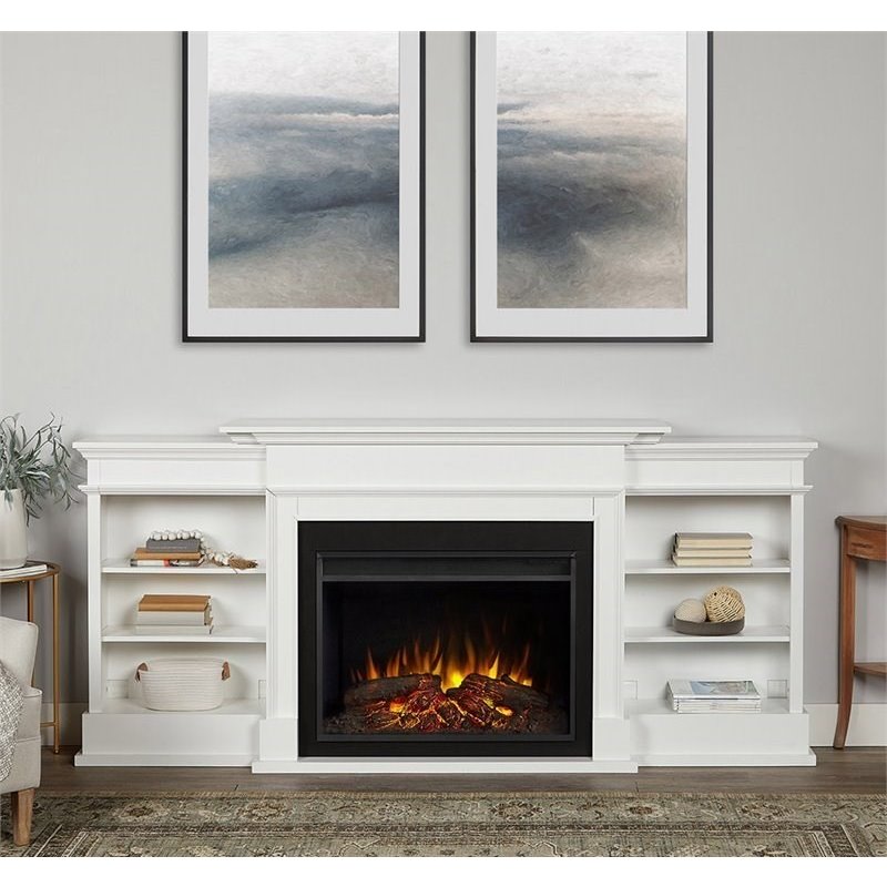 Bowery Hill Solid Wood White TV Stand Rectangular Electric Fireplace 92.38
